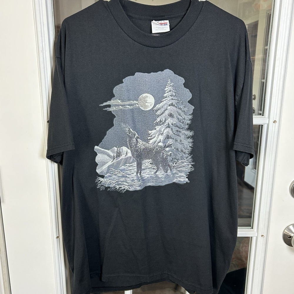 Vintage 1990s Howling Wolf‎ Full Moon Snow Scene Graphic T-shirt Black XL